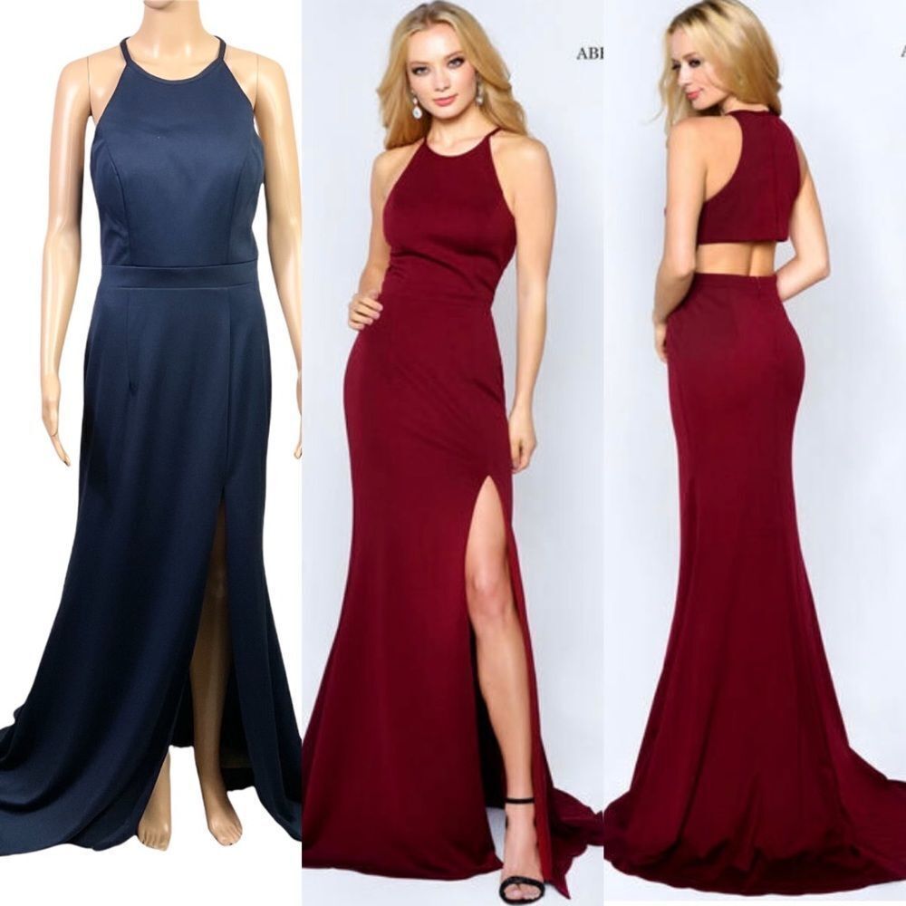 NEW Abby Paris By Lucci Lu Style 93009 navy blue cut out back slit maxi gown 10
